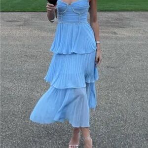 Self-Portrait Blue Tiered Dress- size 4- Feather-trimmed silk-blend chiffon gown